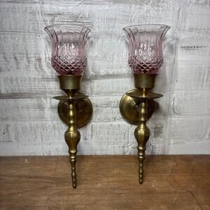 Set of 2 Vintage Brass Wall Sconces with Blush Glass Shades